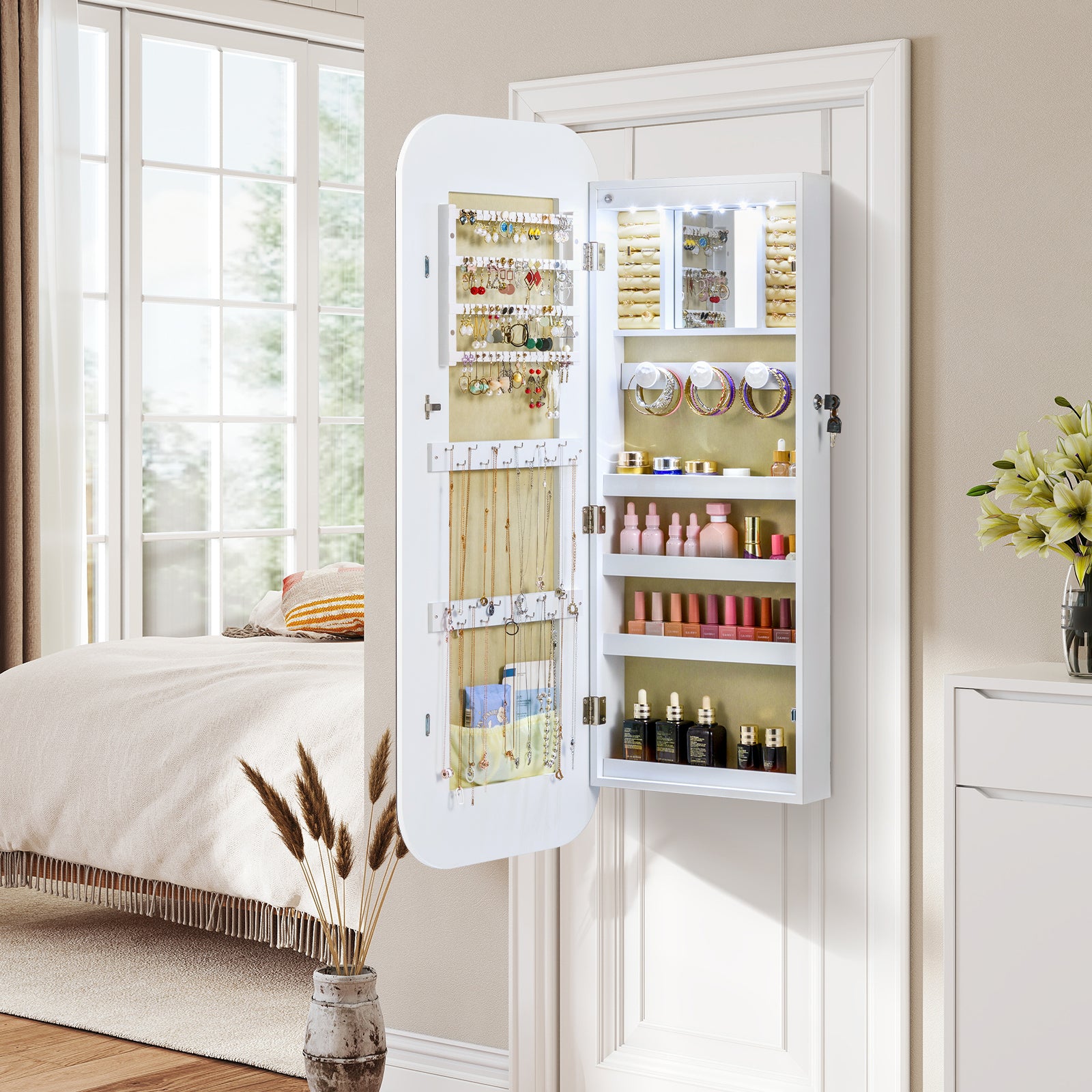 6 LEDs Mirror Jewelry Cabinet Wall or Door Mounted Lockable Jewelry Organizer, White Jewelry Armoires at Gallery Canada