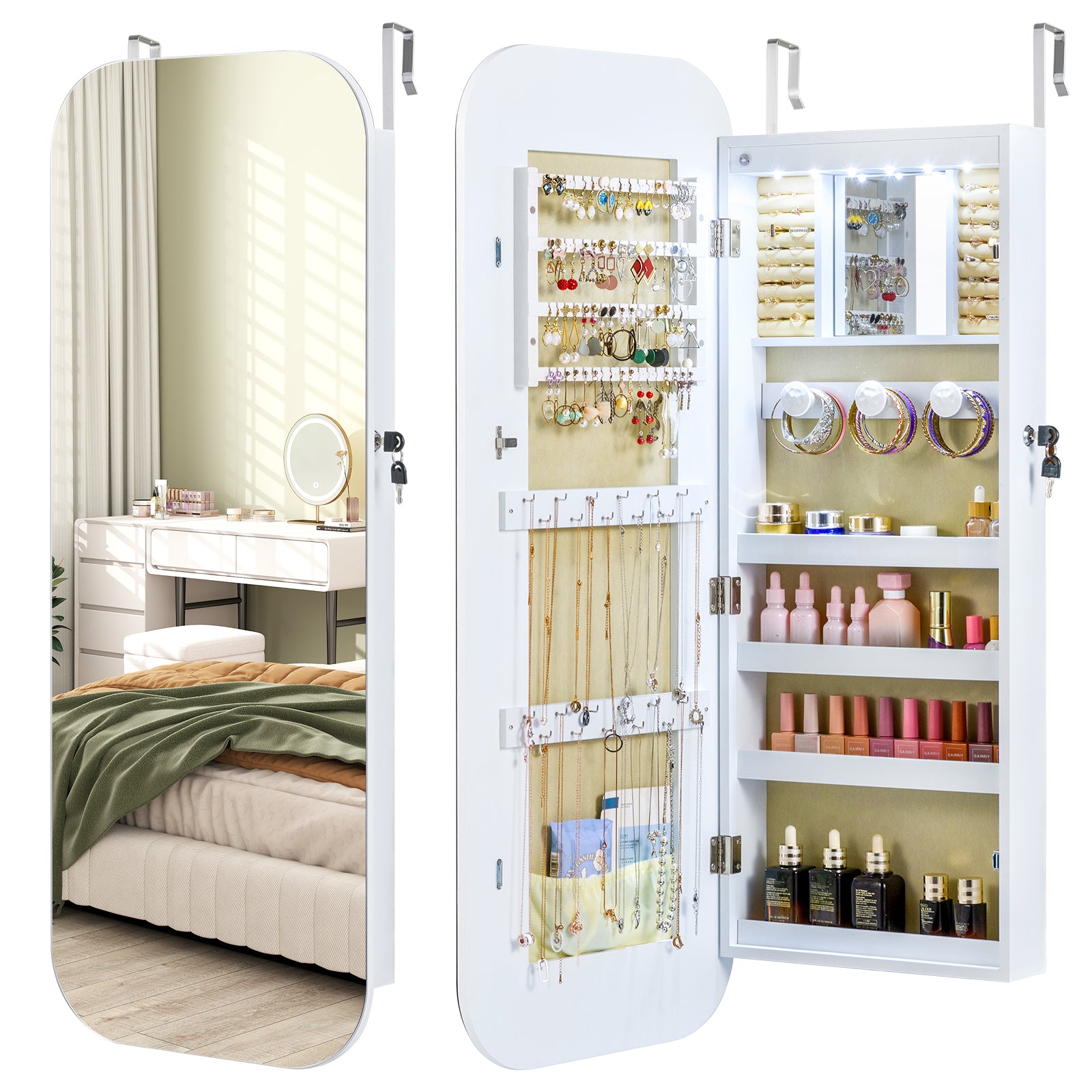 6 LEDs Mirror Jewelry Cabinet Wall or Door Mounted Lockable Jewelry Organizer, White Jewelry Armoires at Gallery Canada