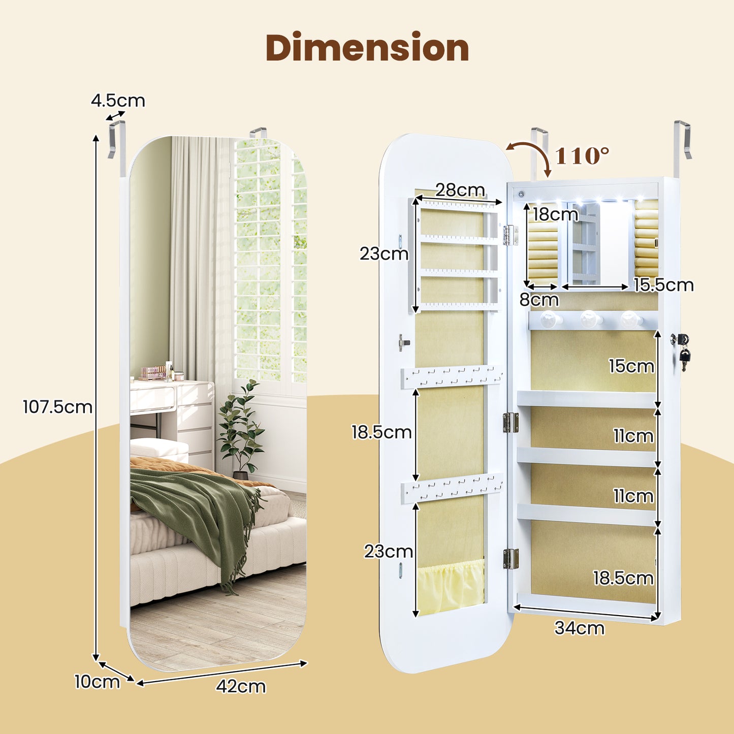 6 LEDs Mirror Jewelry Cabinet Wall or Door Mounted Lockable Jewelry Organizer, White Jewelry Armoires at Gallery Canada