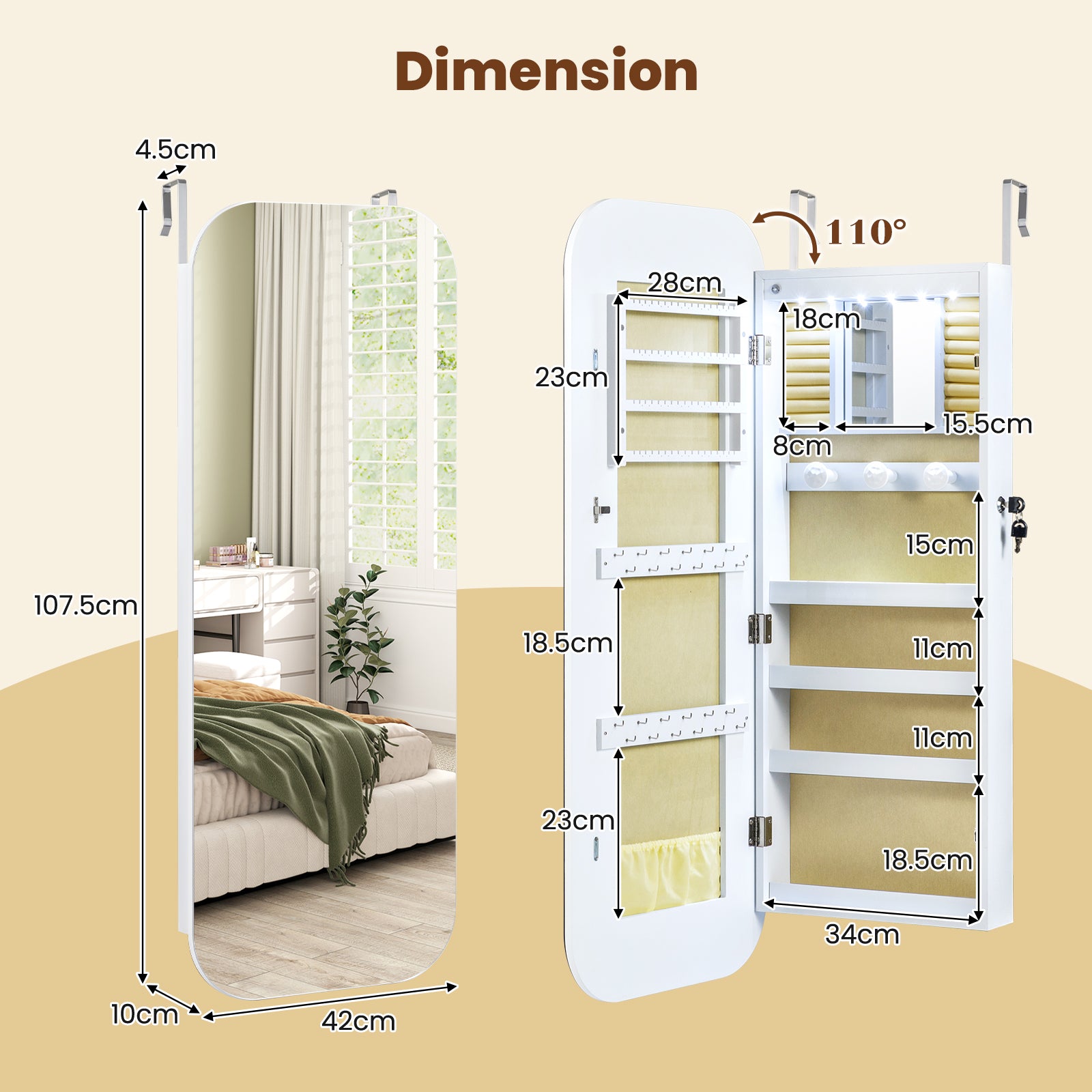 6 LEDs Mirror Jewelry Cabinet Wall or Door Mounted Lockable Jewelry Organizer, White Jewelry Armoires at Gallery Canada