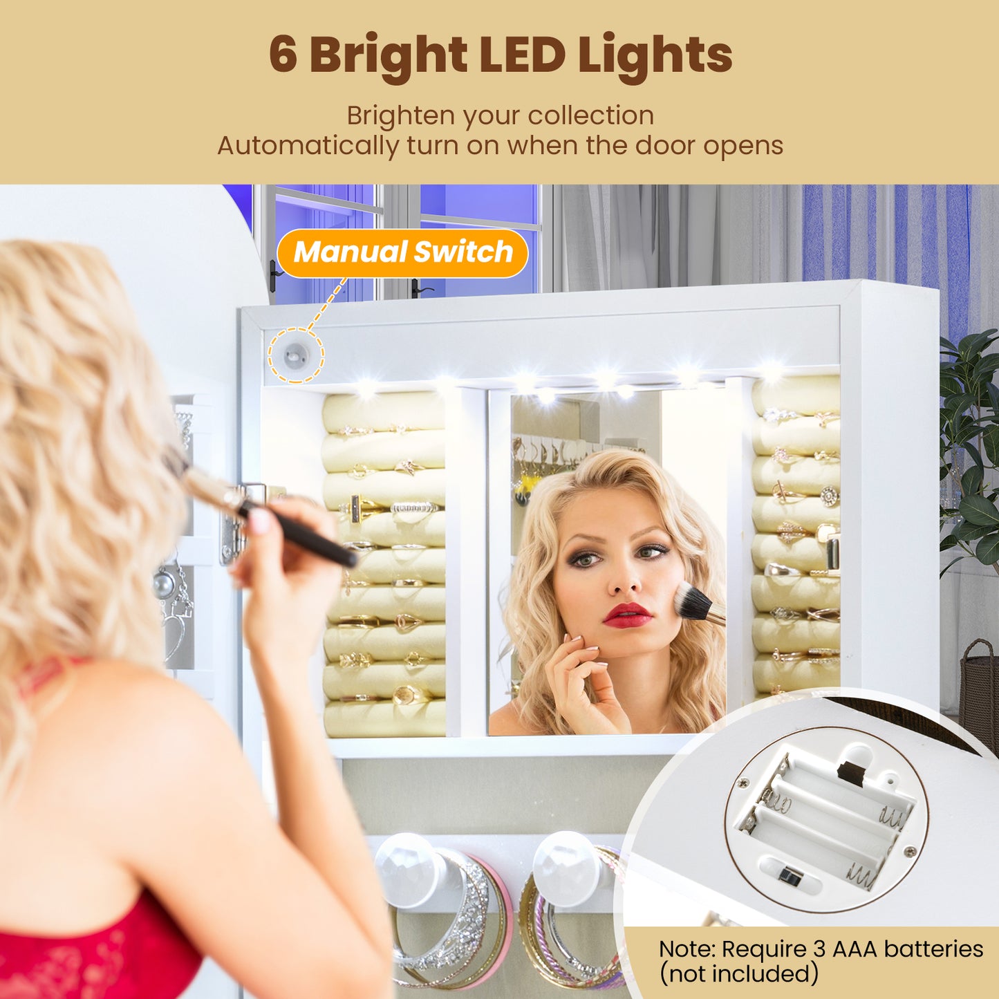 6 LEDs Mirror Jewelry Cabinet Wall or Door Mounted Lockable Jewelry Organizer, White Jewelry Armoires at Gallery Canada
