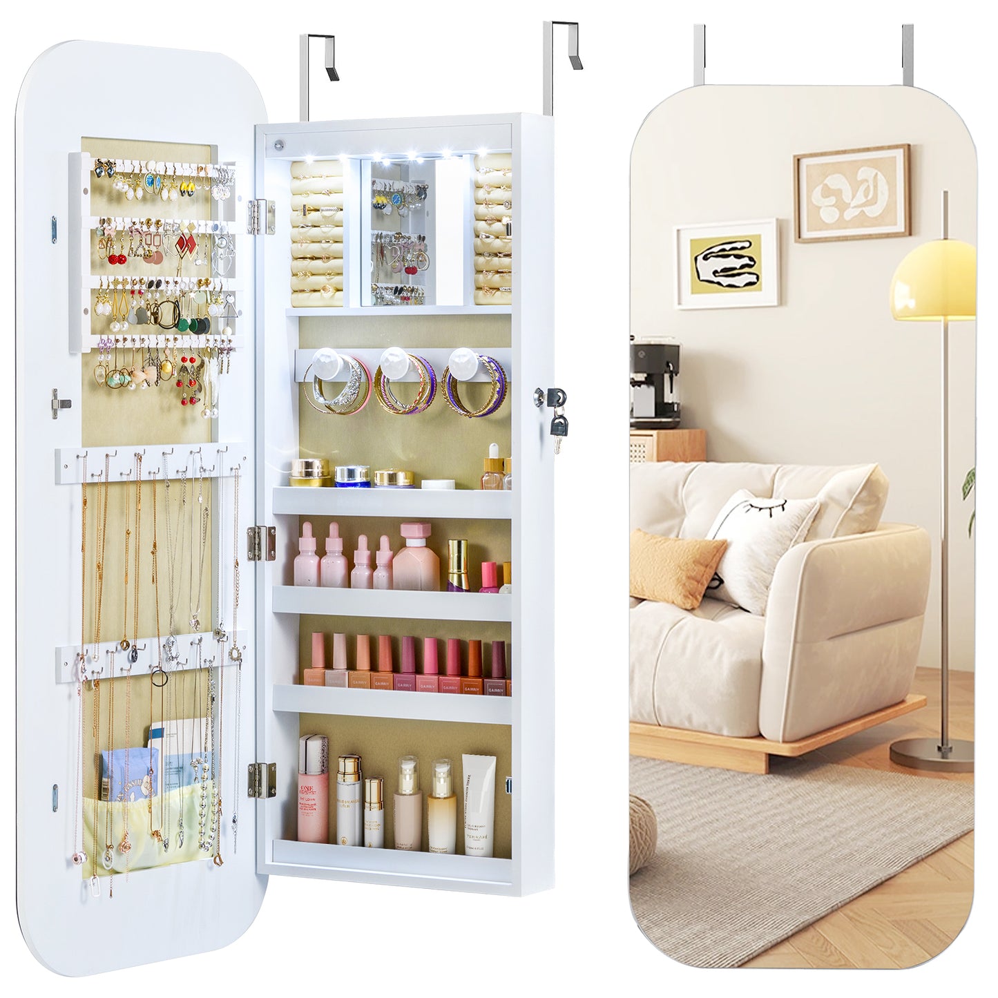 6 LEDs Mirror Jewelry Cabinet, Wall Door Mounted Lockable Organizer, White Jewelry Armoires at Gallery Canada