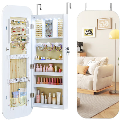 6 LEDs Mirror Jewelry Cabinet, Wall Door Mounted Lockable Organizer, White Jewelry Armoires at Gallery Canada