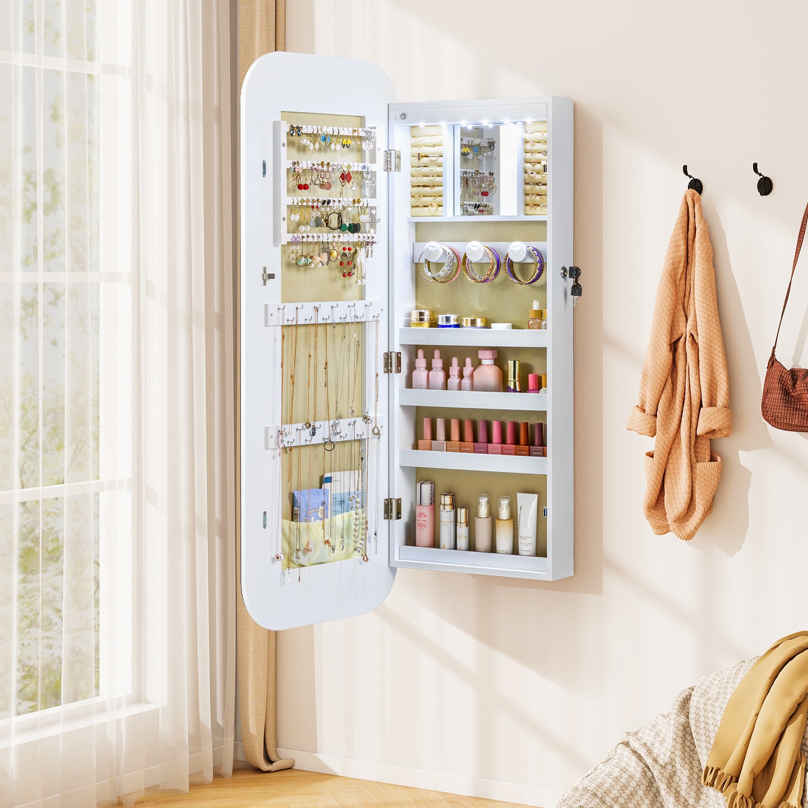 6 LEDs Mirror Jewelry Cabinet, Wall Door Mounted Lockable Organizer, White Jewelry Armoires at Gallery Canada