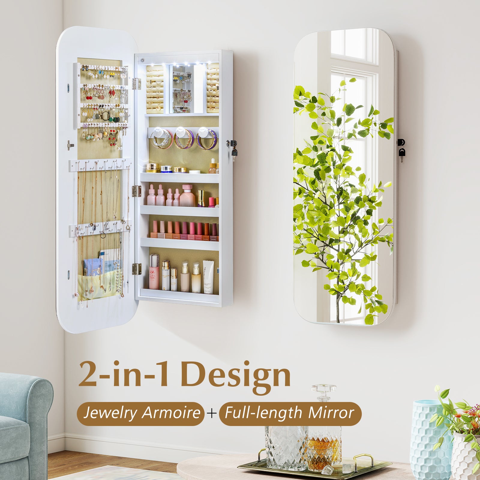 6 LEDs Mirror Jewelry Cabinet, Wall Door Mounted Lockable Organizer, White Jewelry Armoires at Gallery Canada