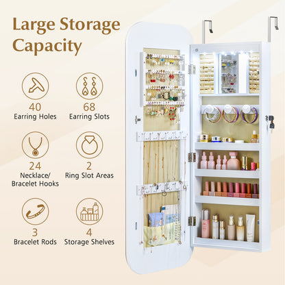 6 LEDs Mirror Jewelry Cabinet, Wall Door Mounted Lockable Organizer, White Jewelry Armoires at Gallery Canada
