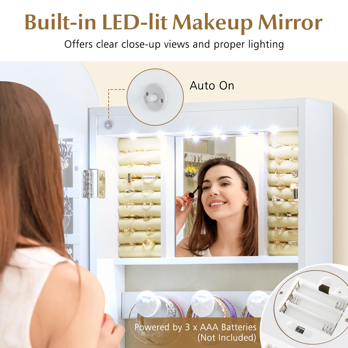 6 LEDs Mirror Jewelry Cabinet, Wall Door Mounted Lockable Organizer, White Jewelry Armoires at Gallery Canada