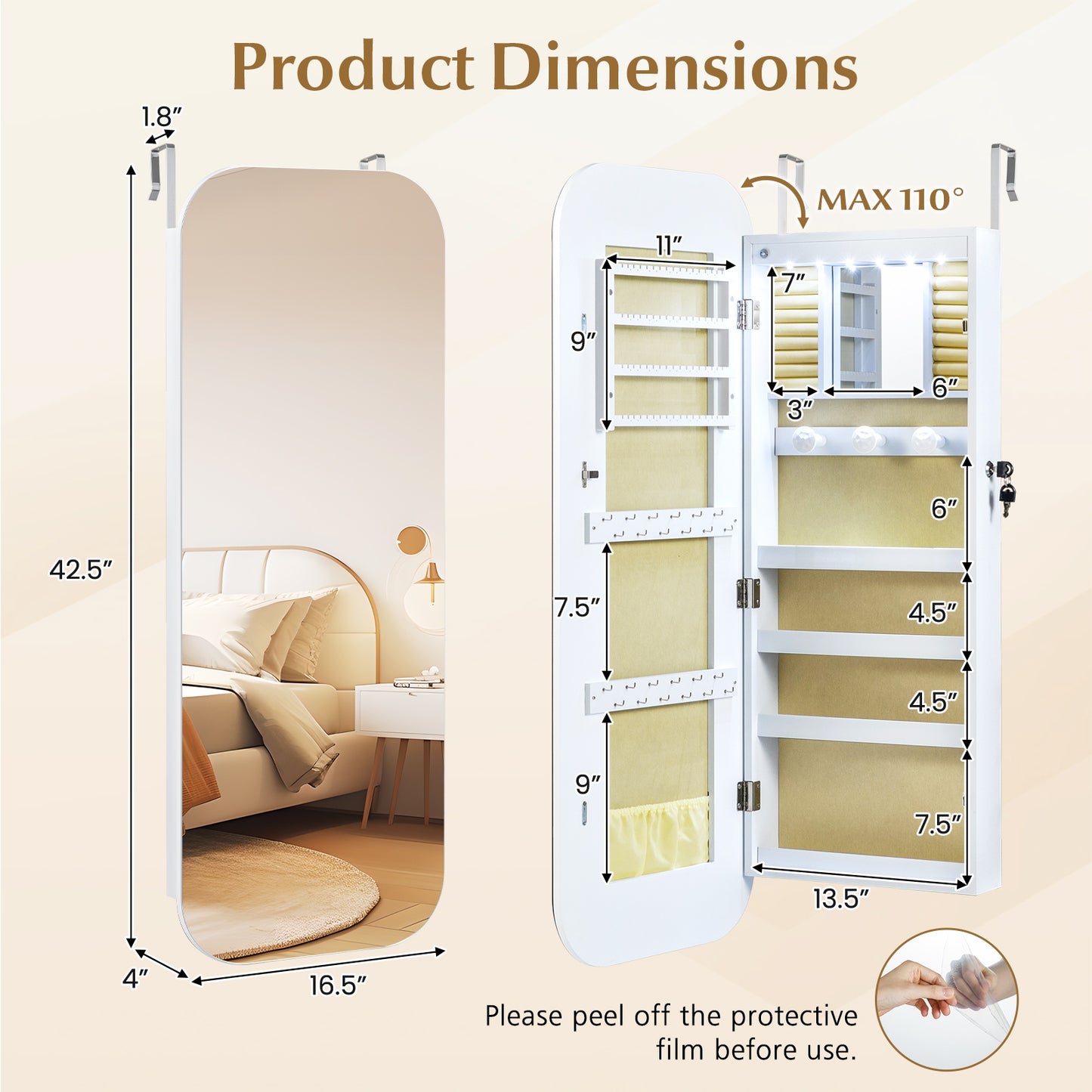 6 LEDs Mirror Jewelry Cabinet, Wall Door Mounted Lockable Organizer, White Jewelry Armoires at Gallery Canada