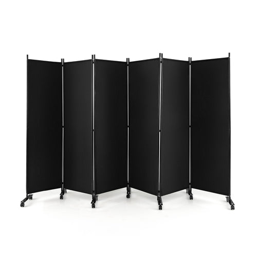 6 Panel 5.7 Feet Rolling Room Divider On Wheels, Black