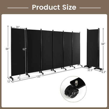 6 Panel 5.7 Feet Rolling Room Divider On Wheels, Black Room Dividers at Gallery Canada