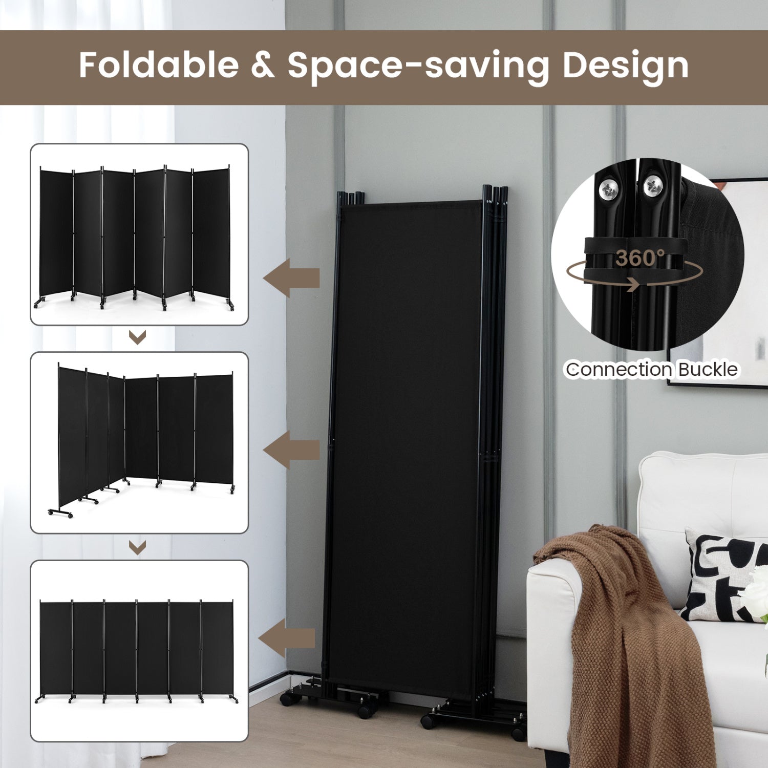 6 Panel 5.7 Feet Rolling Room Divider On Wheels, Black Room Dividers at Gallery Canada