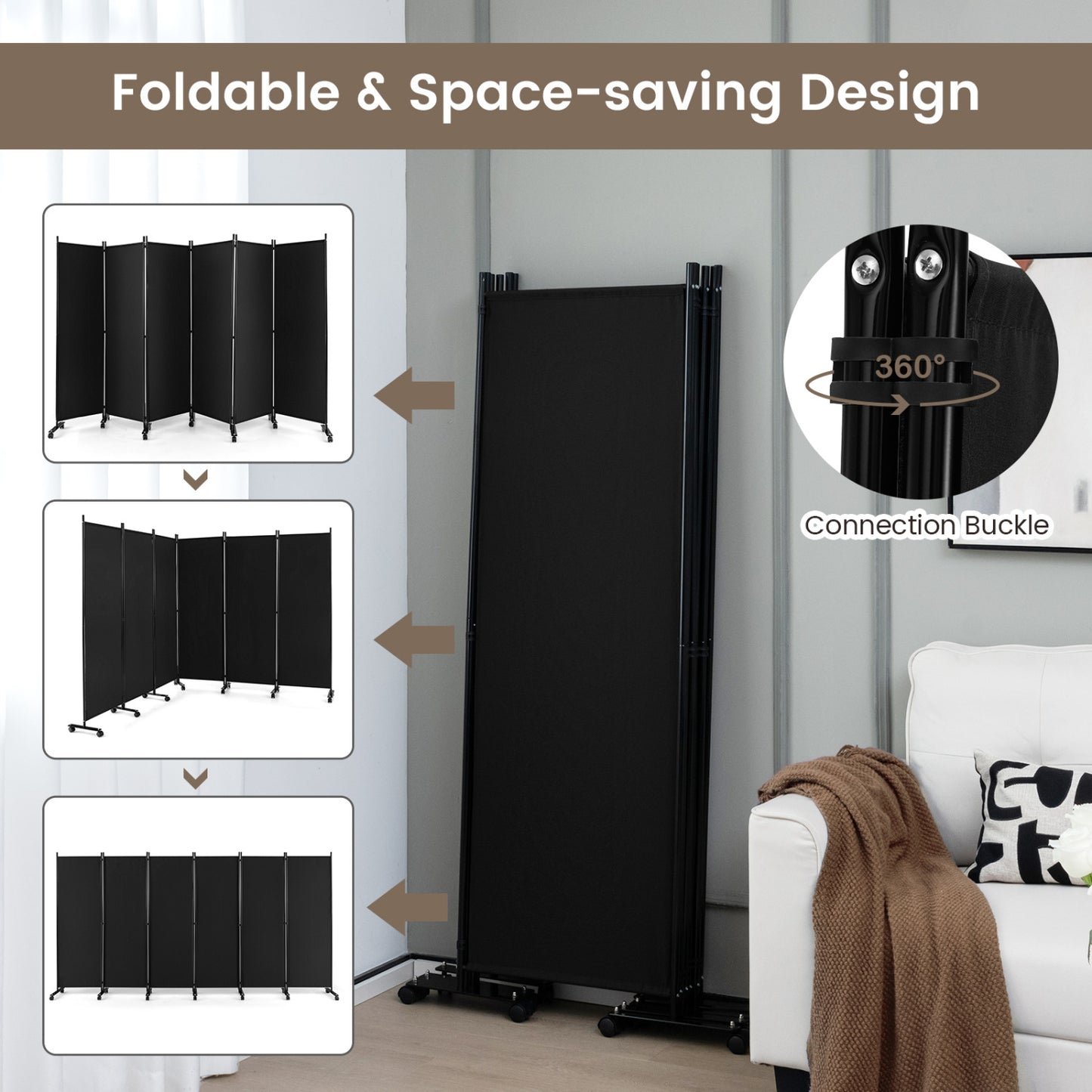 6 Panel 5.7 Feet Rolling Room Divider On Wheels, Black Room Dividers at Gallery Canada