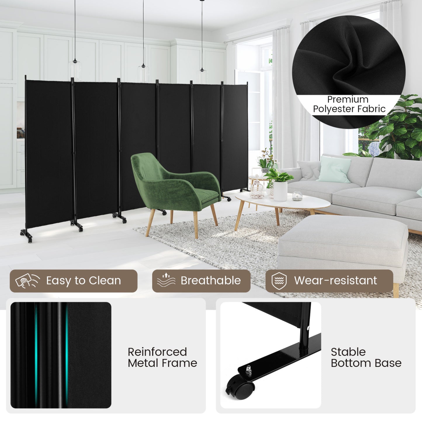 6 Panel 5.7 Feet Rolling Room Divider On Wheels, Black Room Dividers at Gallery Canada