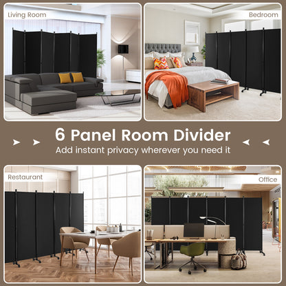 6 Panel 5.7 Feet Rolling Room Divider On Wheels, Black Room Dividers at Gallery Canada