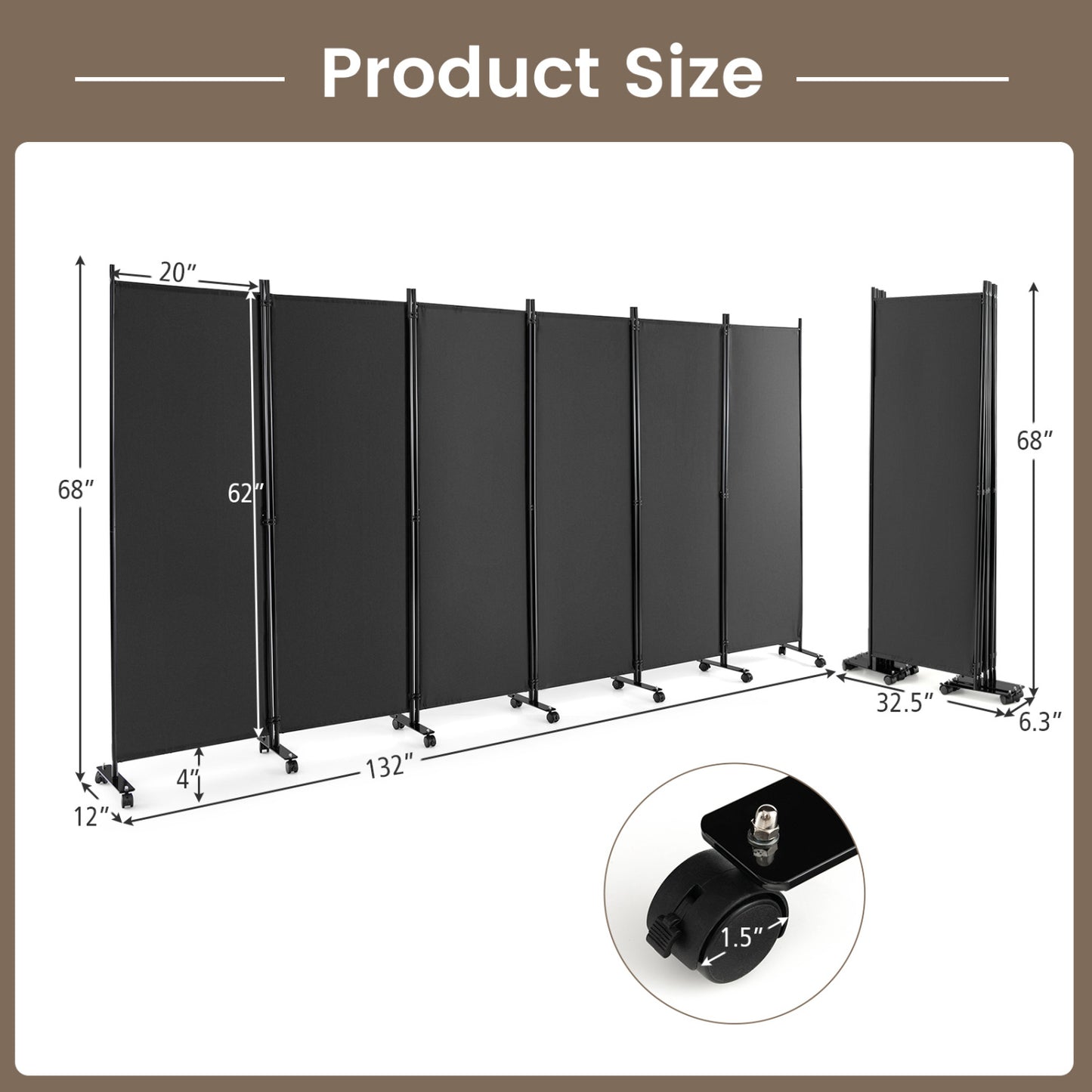6 Panel 5.7 Feet Tall Rolling Room Divider, Gray Room Dividers at Gallery Canada