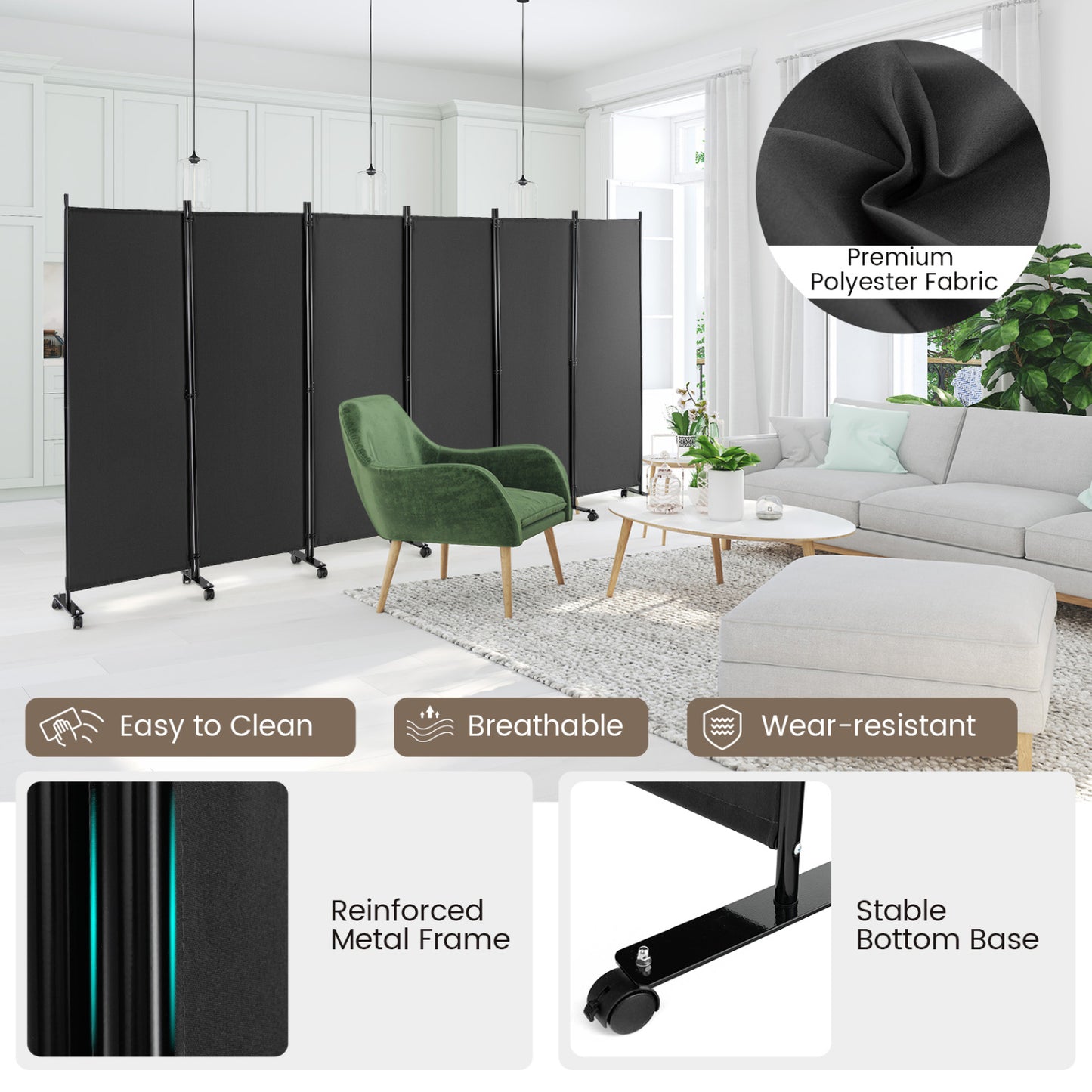 6 Panel 5.7 Feet Tall Rolling Room Divider, Gray Room Dividers at Gallery Canada