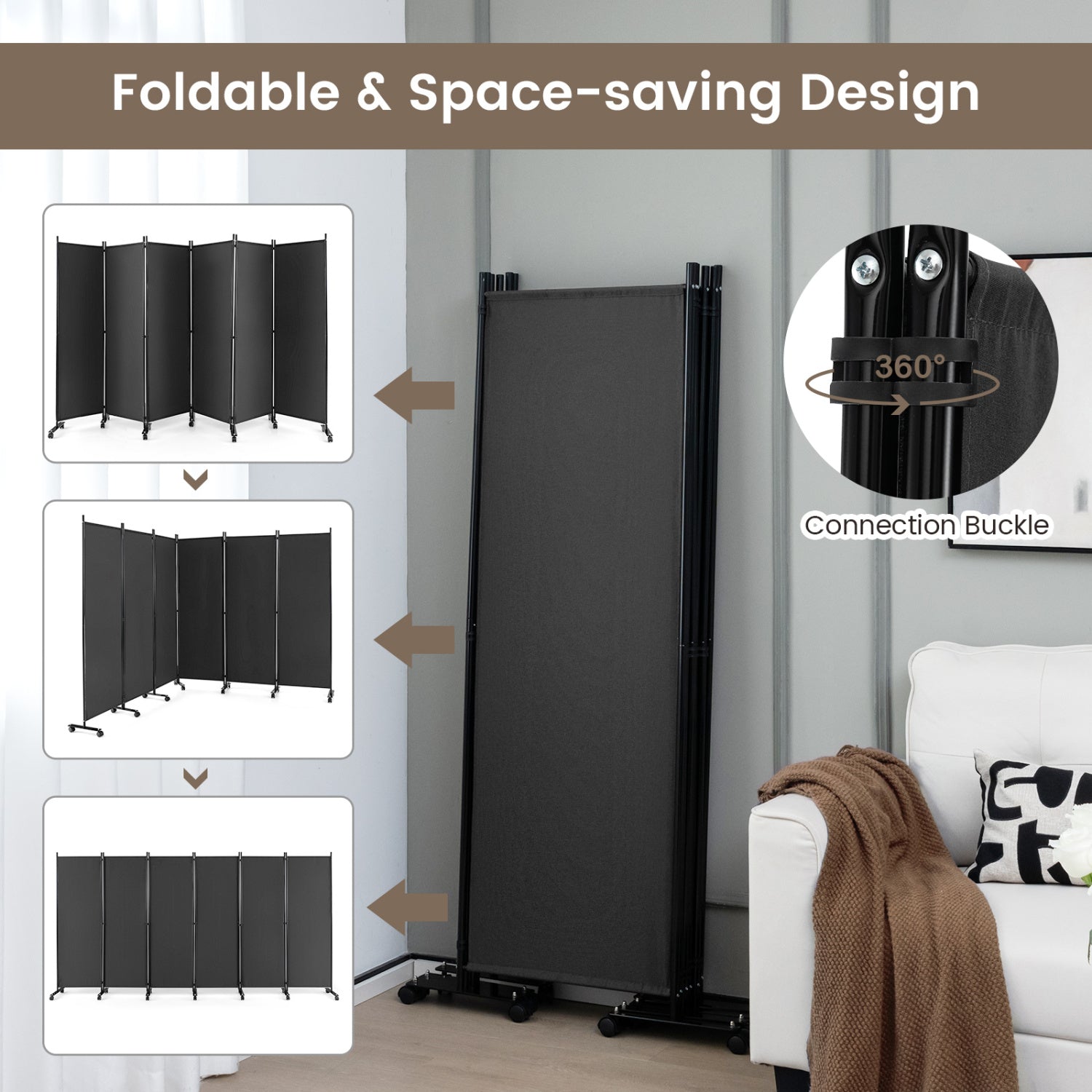 6 Panel 5.7 Feet Tall Rolling Room Divider, Gray Room Dividers at Gallery Canada