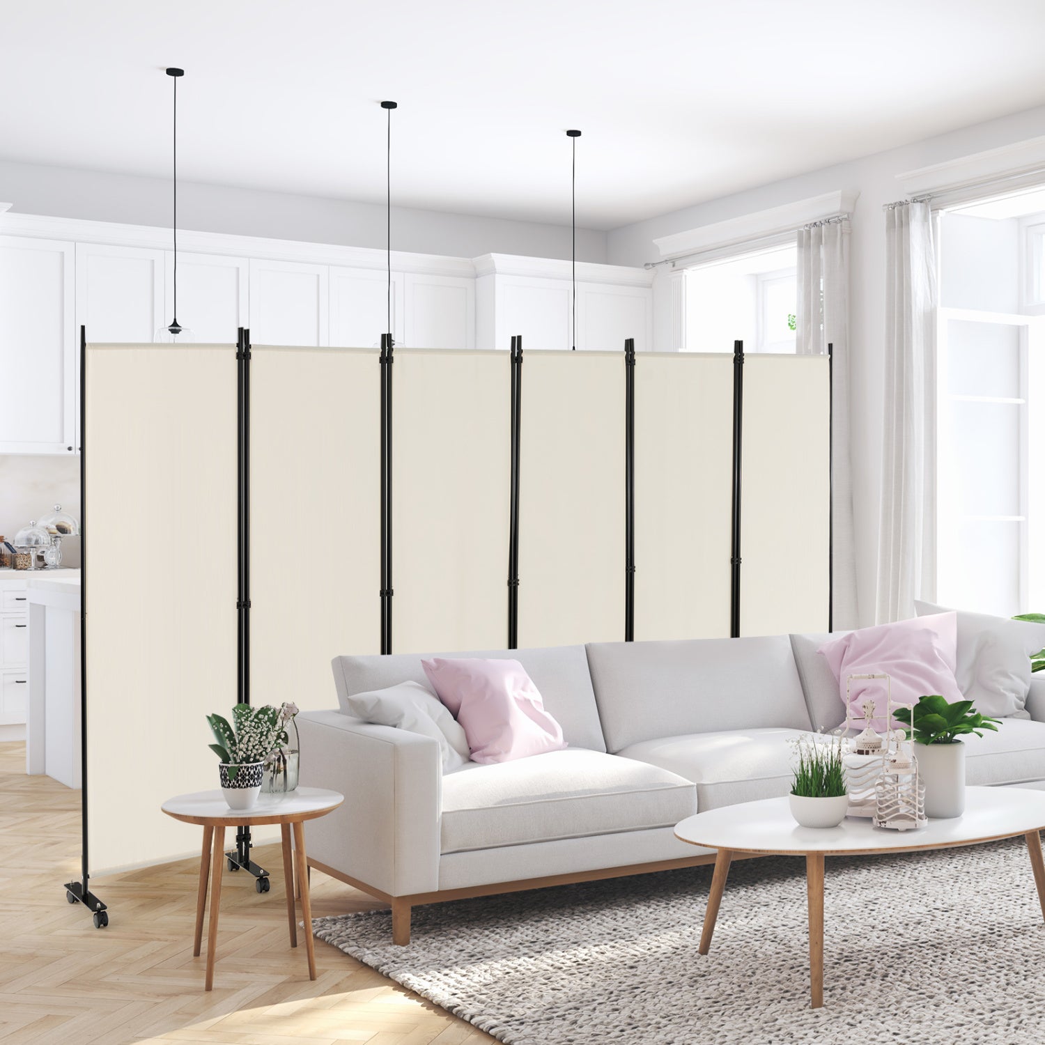 6 Panel 5.7 Feet Rolling Room Divider On Wheels, White Room Dividers at Gallery Canada