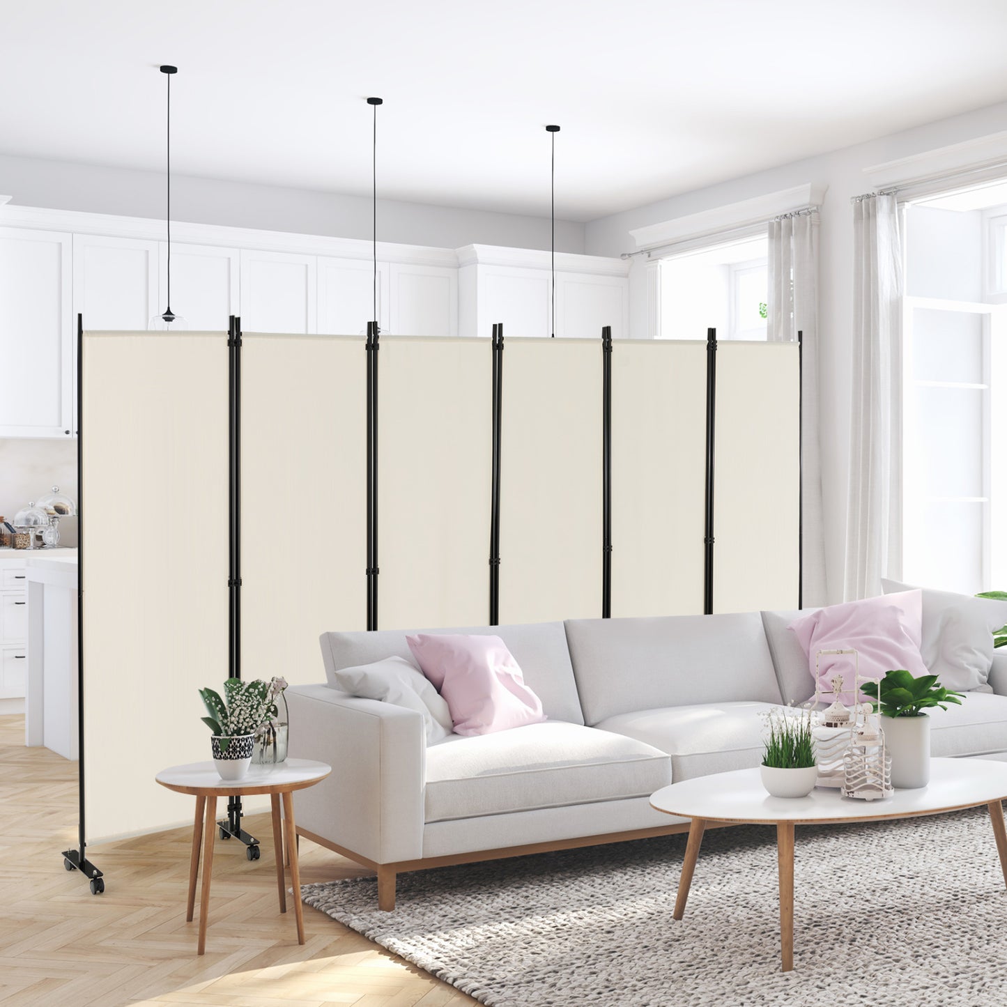 6 Panel 5.7 Feet Rolling Room Divider On Wheels, White Room Dividers at Gallery Canada