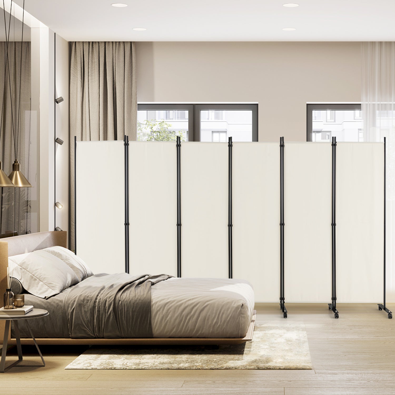 6 Panel 5.7 Feet Rolling Room Divider On Wheels, White Room Dividers at Gallery Canada