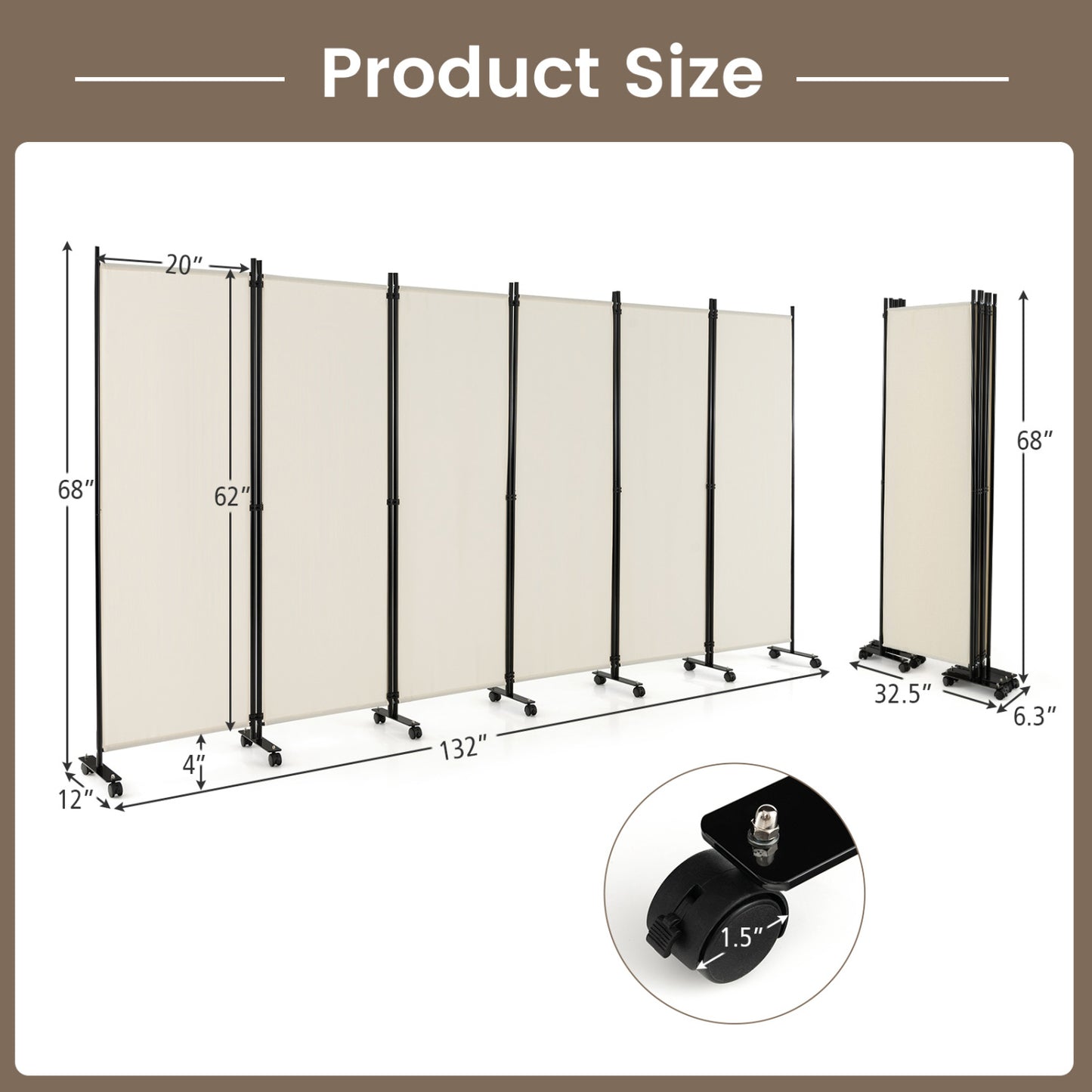 6 Panel 5.7 Feet Rolling Room Divider On Wheels, White Room Dividers at Gallery Canada