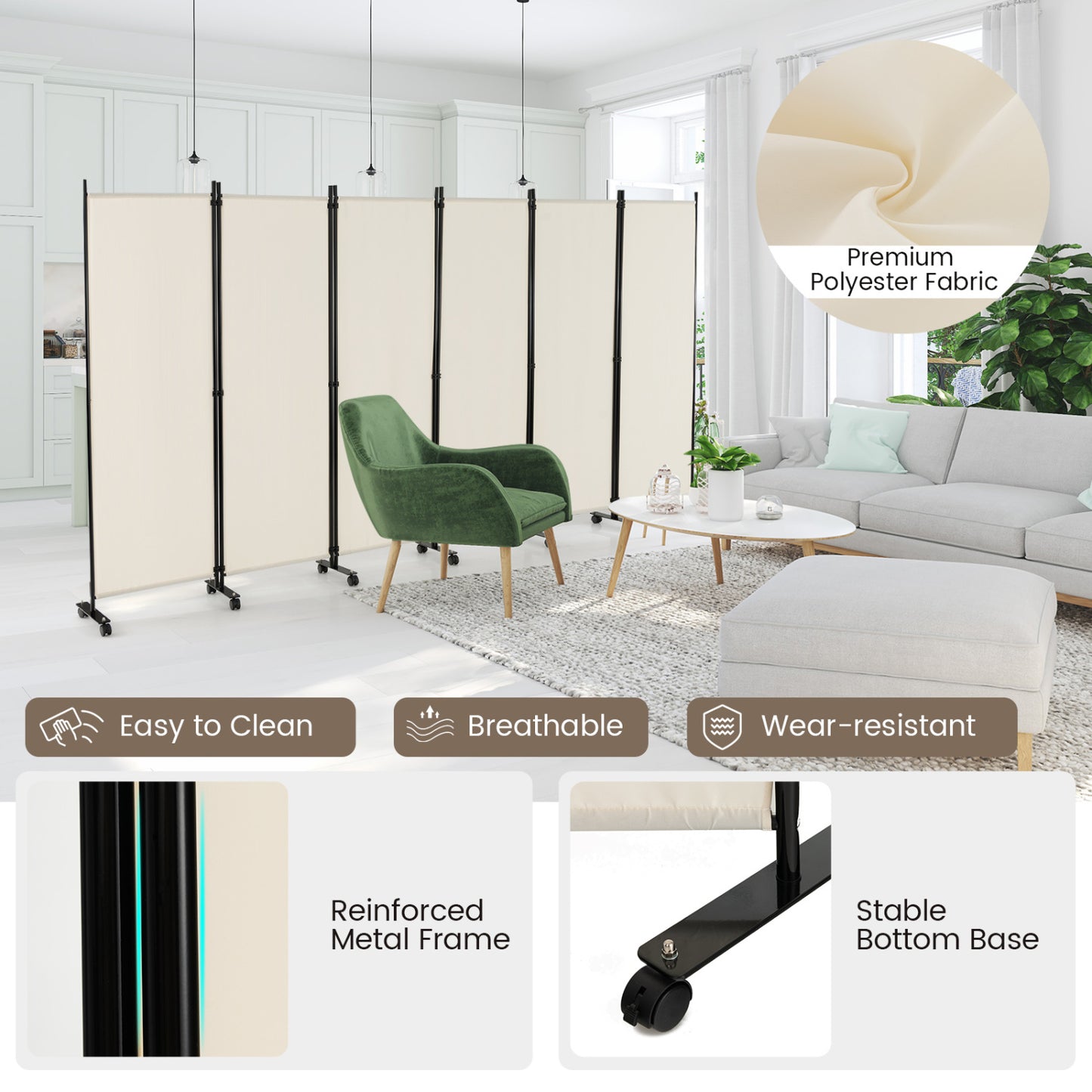 6 Panel 5.7 Feet Rolling Room Divider On Wheels, White Room Dividers at Gallery Canada