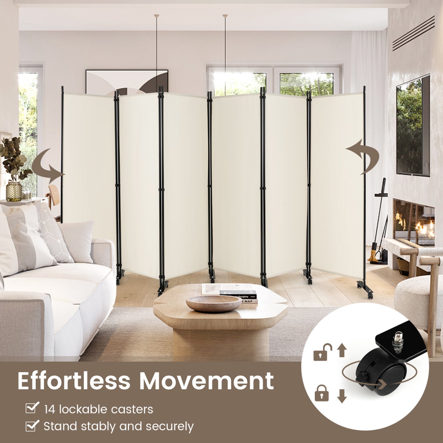 6 Panel 5.7 Feet Rolling Room Divider On Wheels, White Room Dividers at Gallery Canada