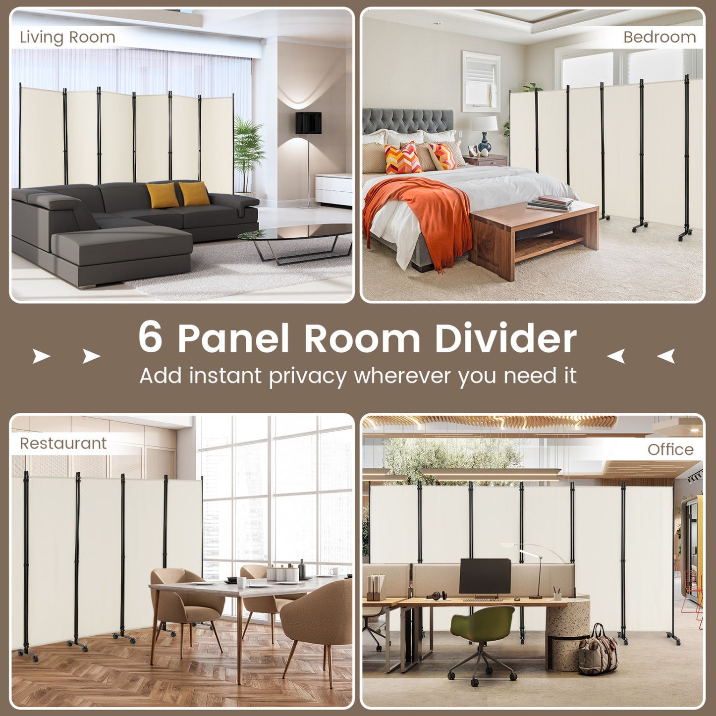 6 Panel 5.7 Feet Rolling Room Divider On Wheels, White Room Dividers at Gallery Canada