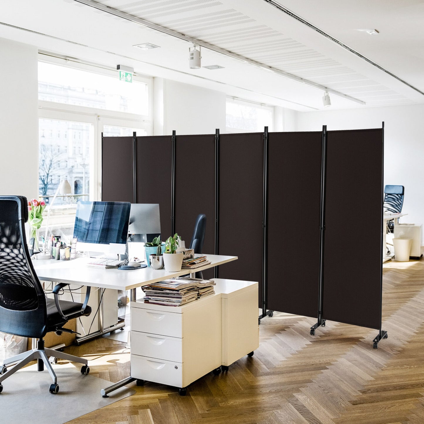 6 Panel 5.7 Ft Tall Rolling Room Divider, Walnut