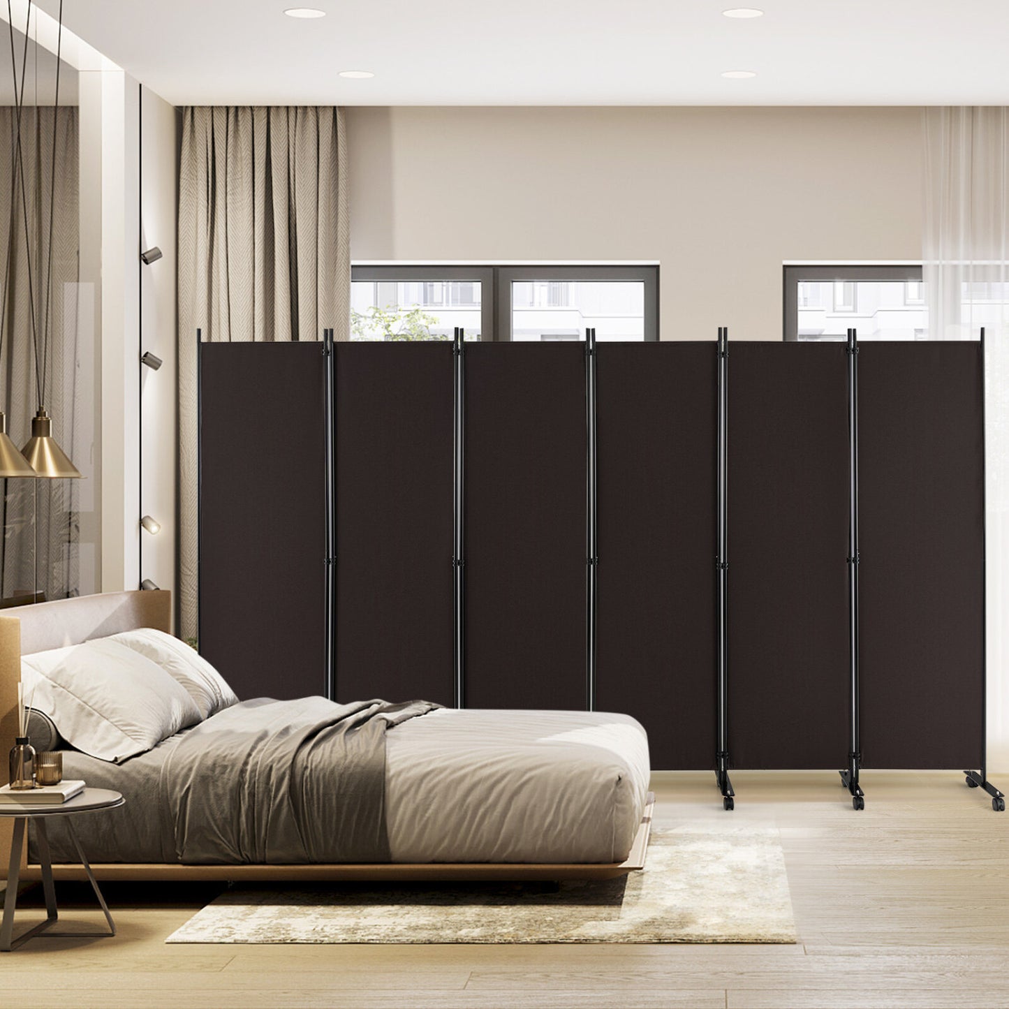 6 Panel 5.7 Ft Tall Rolling Room Divider, Walnut