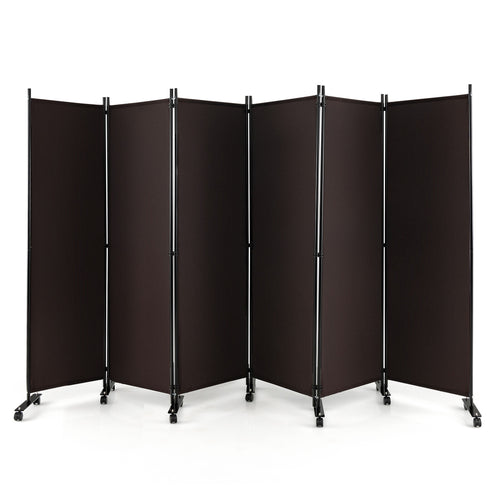 6 Panel 5.7 Ft Tall Rolling Room Divider, Walnut