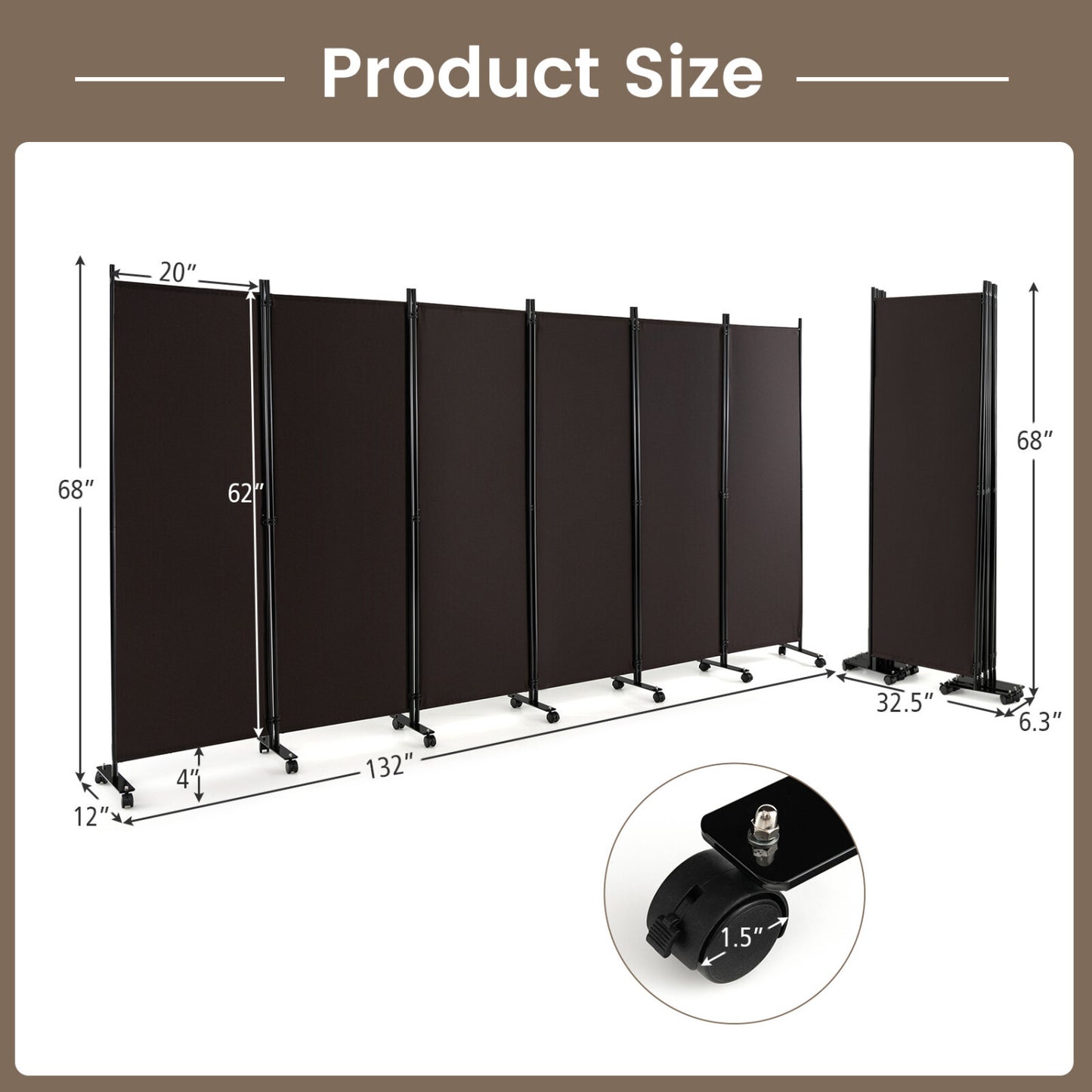 6 Panel 5.7 Ft Tall Rolling Room Divider, Walnut
