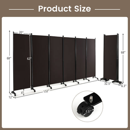 6 Panel 5.7 Ft Tall Rolling Room Divider, Walnut