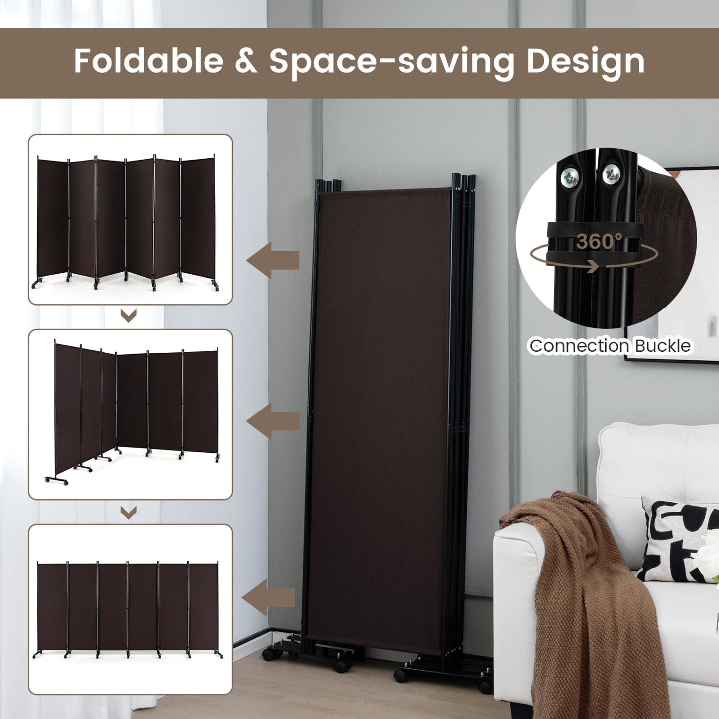 6 Panel 5.7 Ft Tall Rolling Room Divider, Walnut