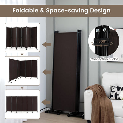 6 Panel 5.7 Ft Tall Rolling Room Divider, Walnut