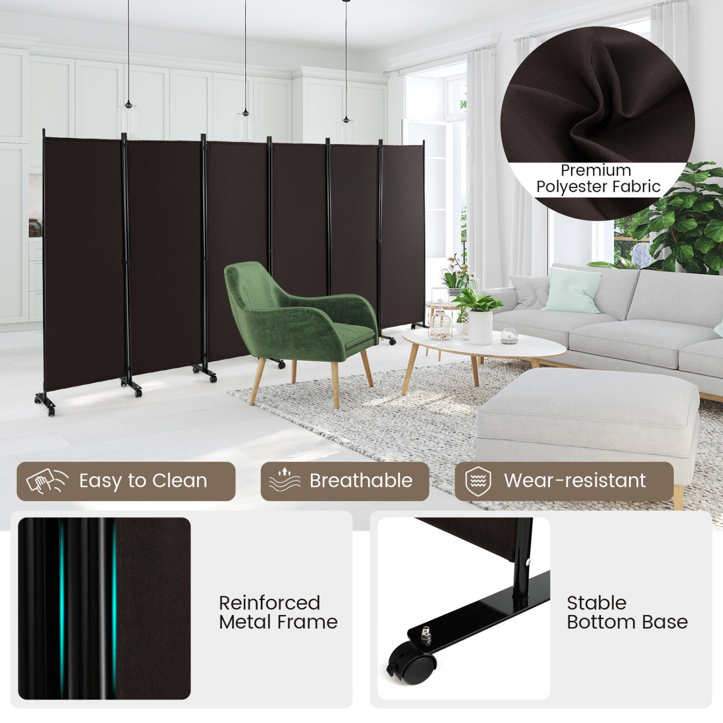 6 Panel 5.7 Ft Tall Rolling Room Divider, Walnut
