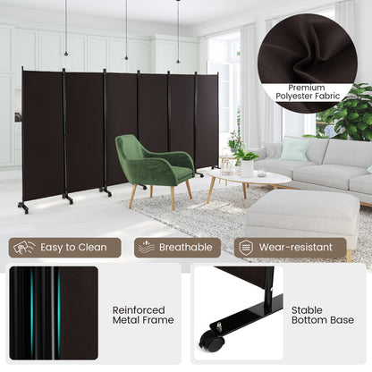 6 Panel 5.7 Ft Tall Rolling Room Divider, Walnut