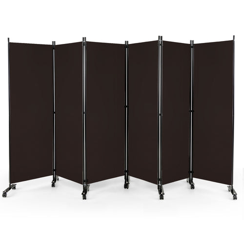 6 Panel 5.7 Feet Tall Rolling Room Divider, Brown