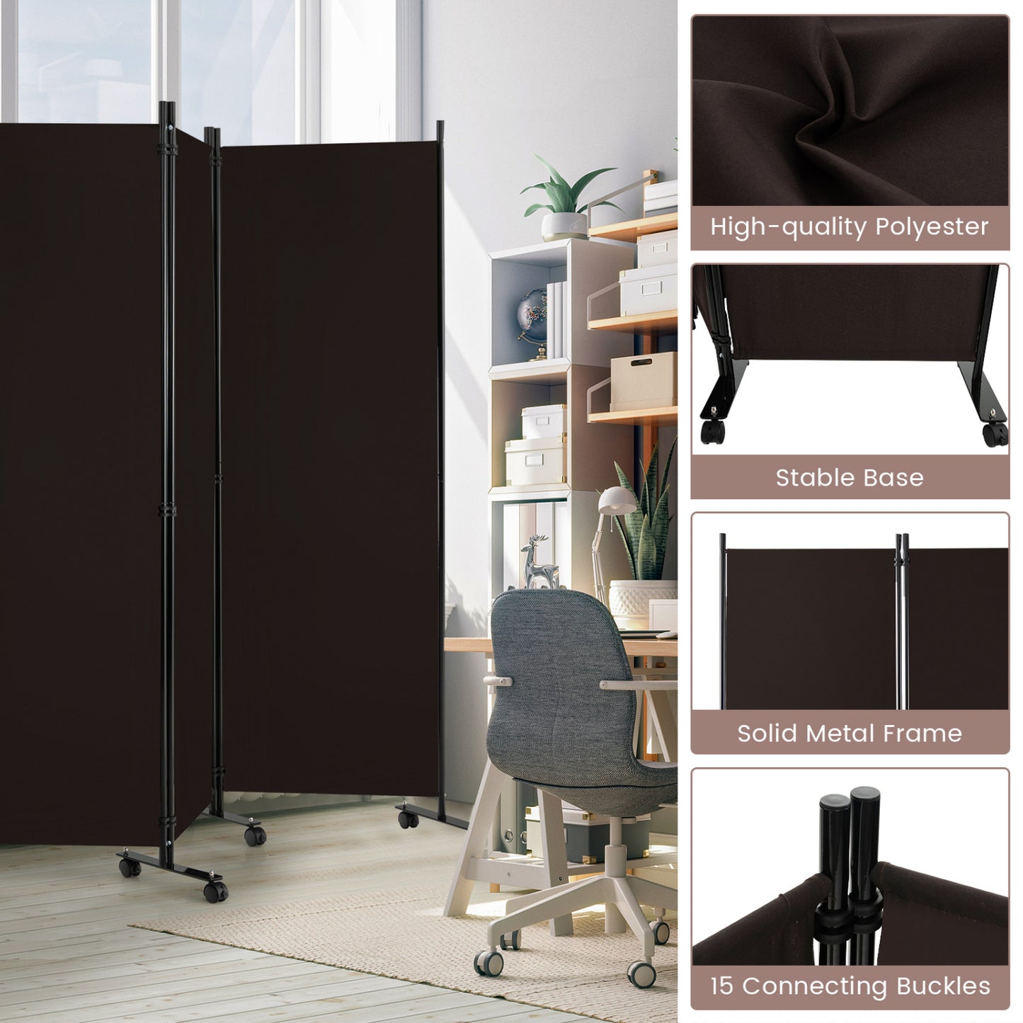 6 Panel 5.7 Feet Tall Rolling Room Divider, Brown Room Dividers at Gallery Canada