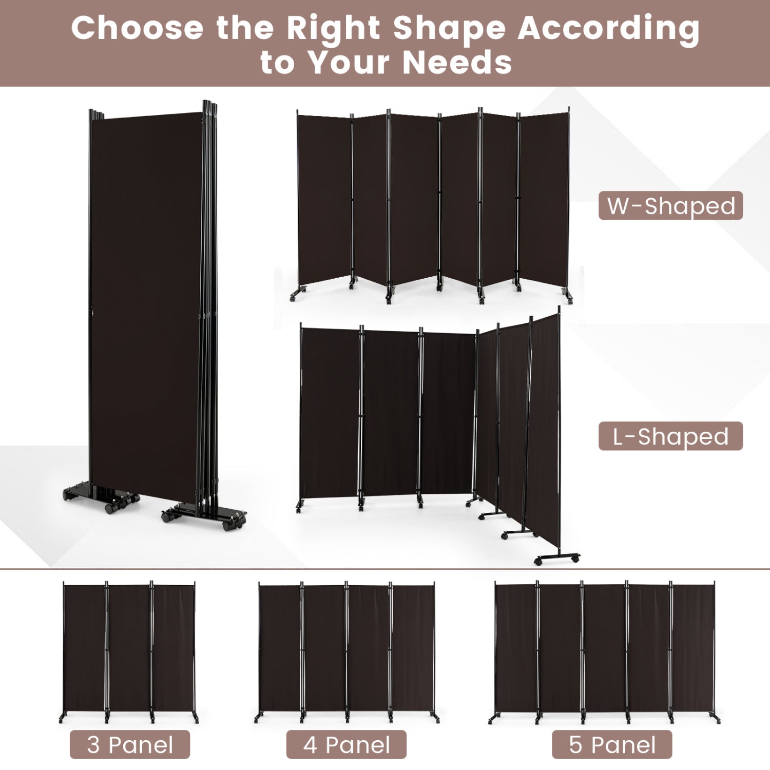 6 Panel 5.7 Feet Tall Rolling Room Divider, Brown Room Dividers at Gallery Canada