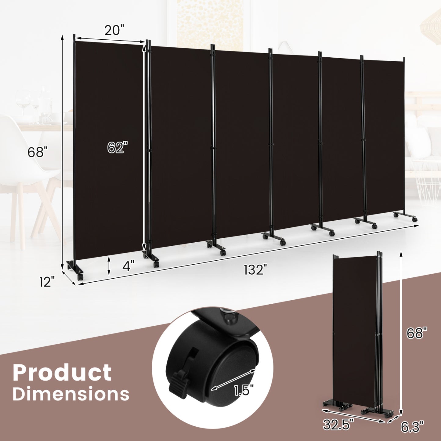 6 Panel 5.7 Feet Tall Rolling Room Divider, Brown Room Dividers at Gallery Canada
