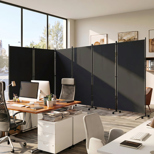 6 Panel Folding Privacy Screen Divider With Wheels, Black
