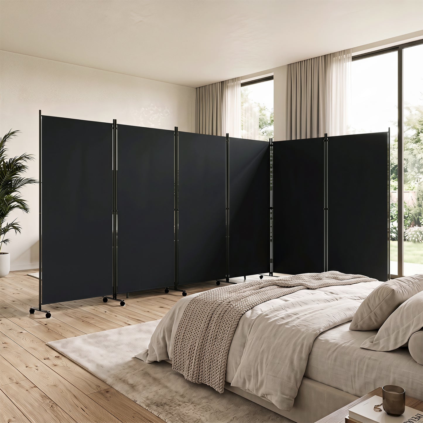 6 Panel Folding Privacy Screen Divider With Wheels, Black