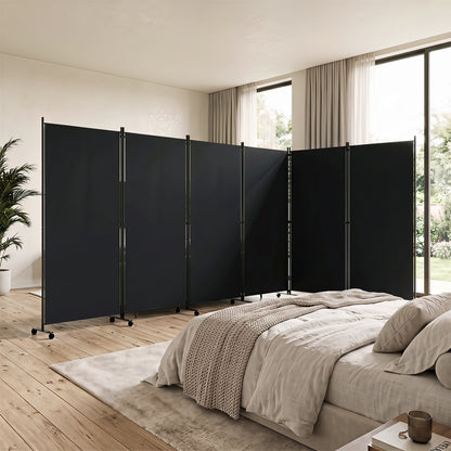 6 Panel Folding Privacy Screen Divider With Wheels, Black