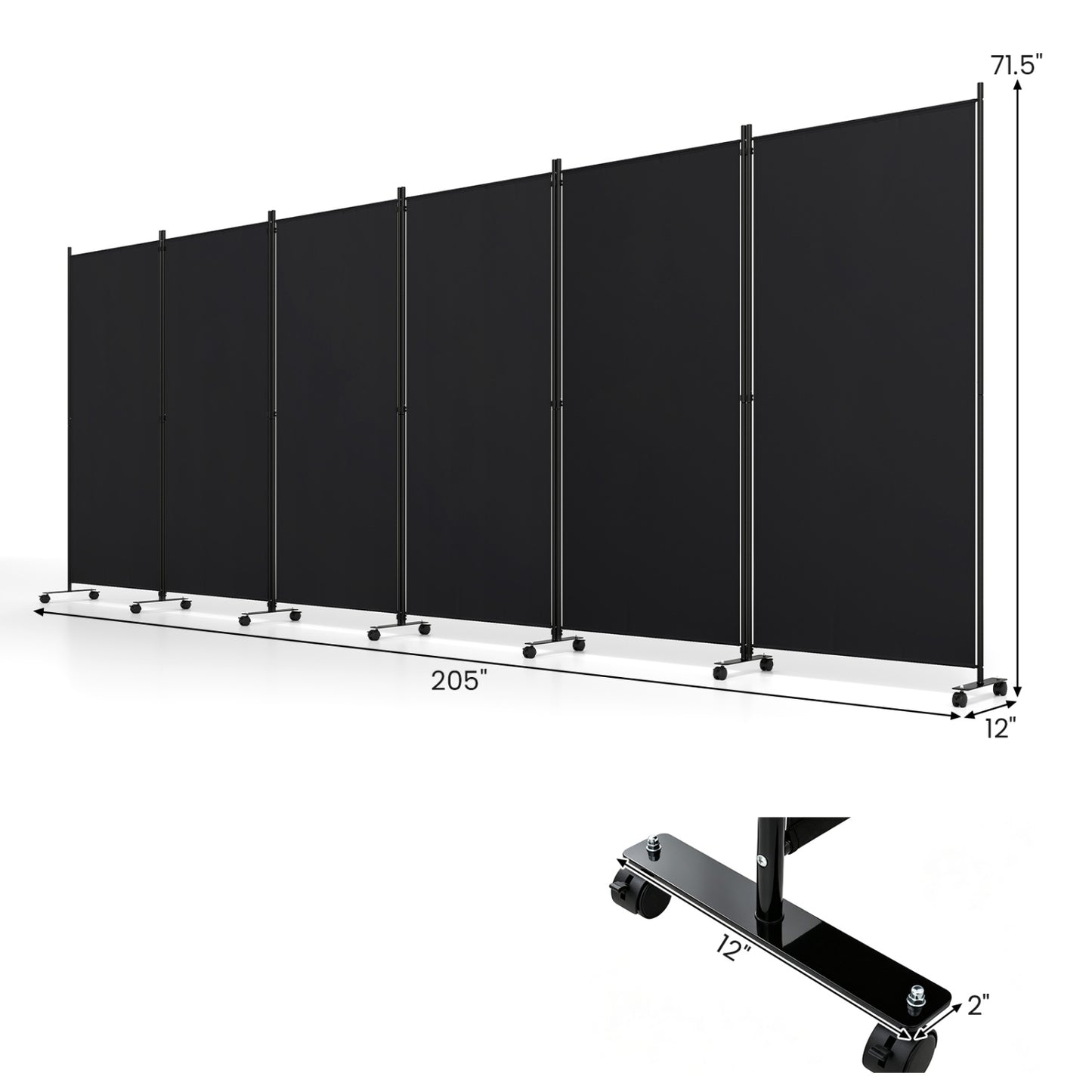 6 Panel Folding Privacy Screen Divider With Wheels, Black