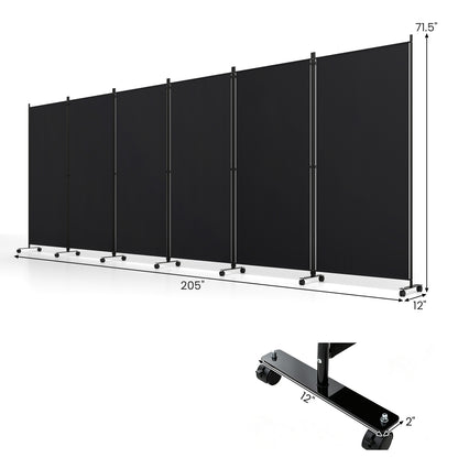6 Panel Folding Privacy Screen Divider With Wheels, Black