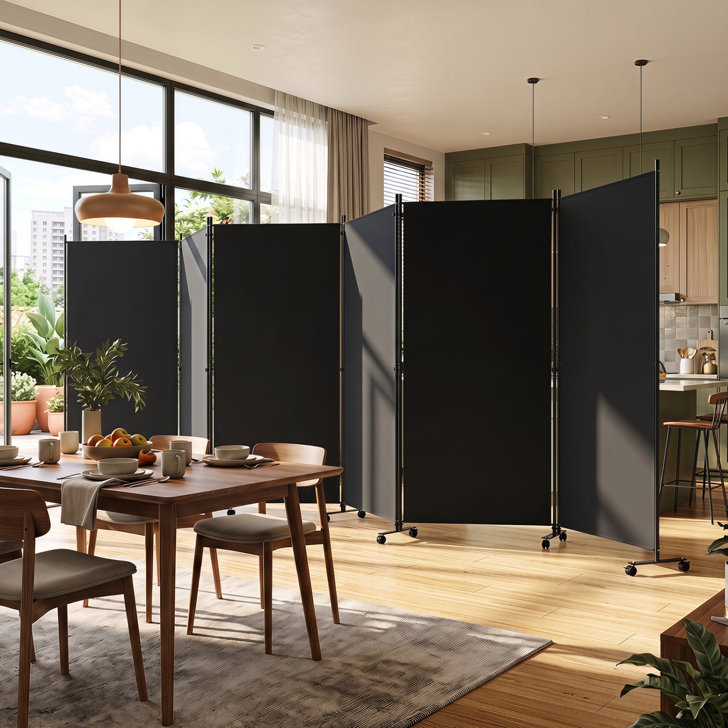 6 Panel Folding Privacy Screen Divider With Wheels, Black