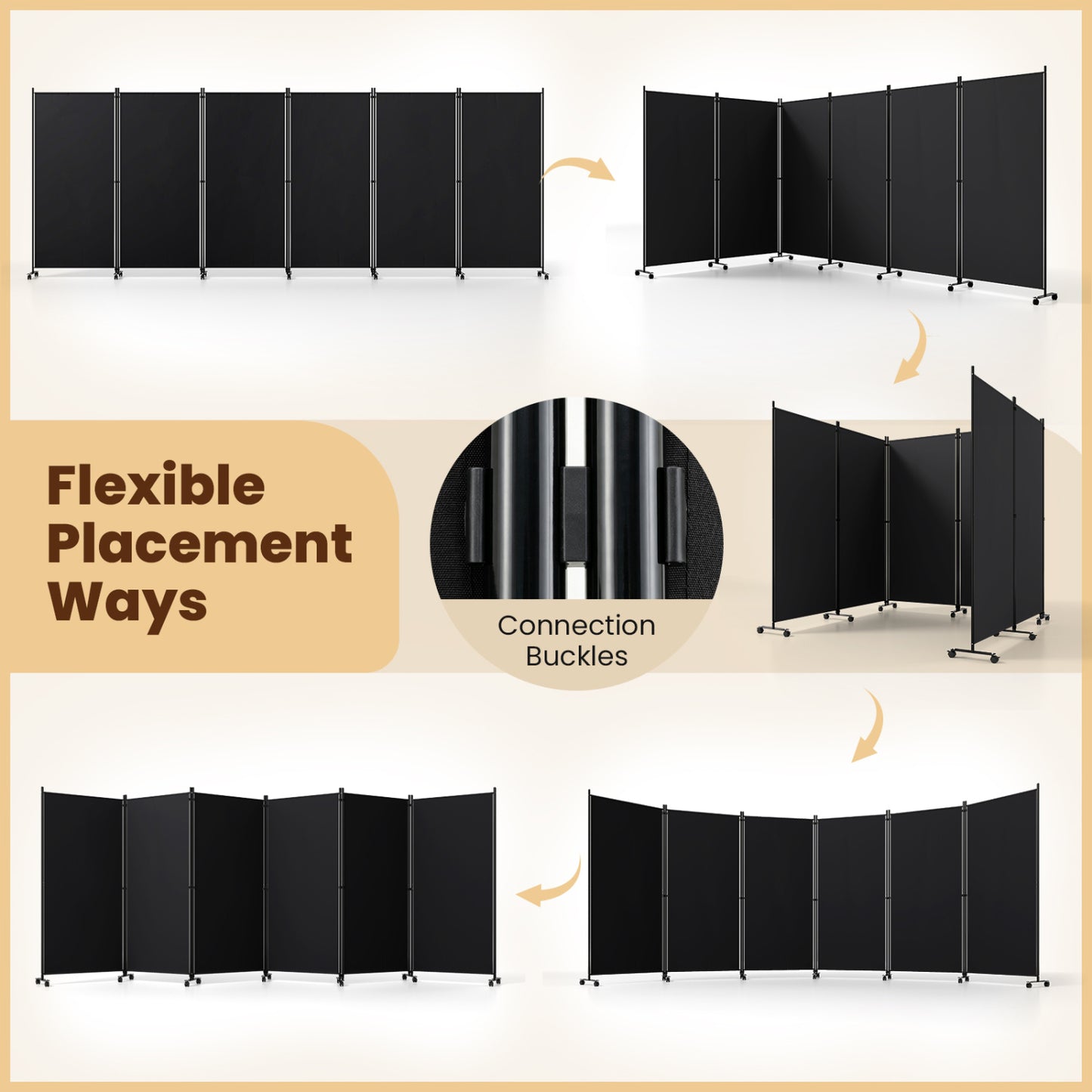 6 Panel Folding Privacy Screen Divider With Wheels, Black
