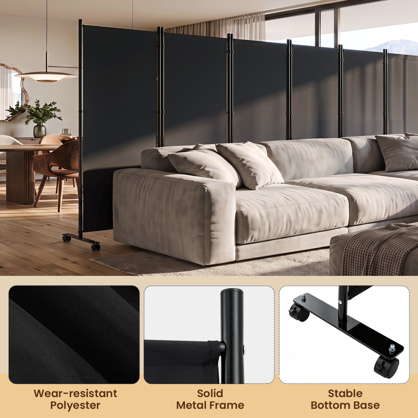 6 Panel Folding Privacy Screen Divider With Wheels, Black