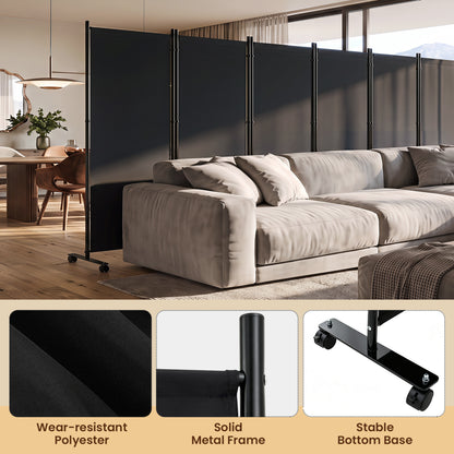 6 Panel Folding Privacy Screen Divider With Wheels, Black